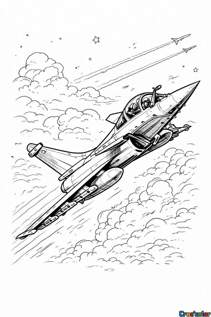 Coloriage Avion de Chasse : Une Mission dans les Nuages à Imprimer