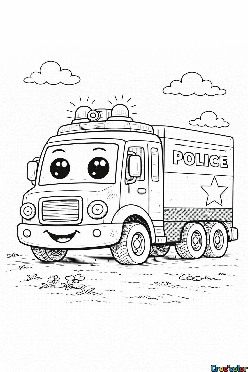 Coloriage Camion de Police Rigolo : La Patrouille Mignonne à Imprimer
