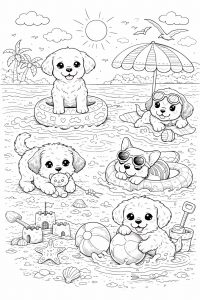 Coloriage Chiots à la Plage : Des Petits Chiens en Vacances à Imprimer