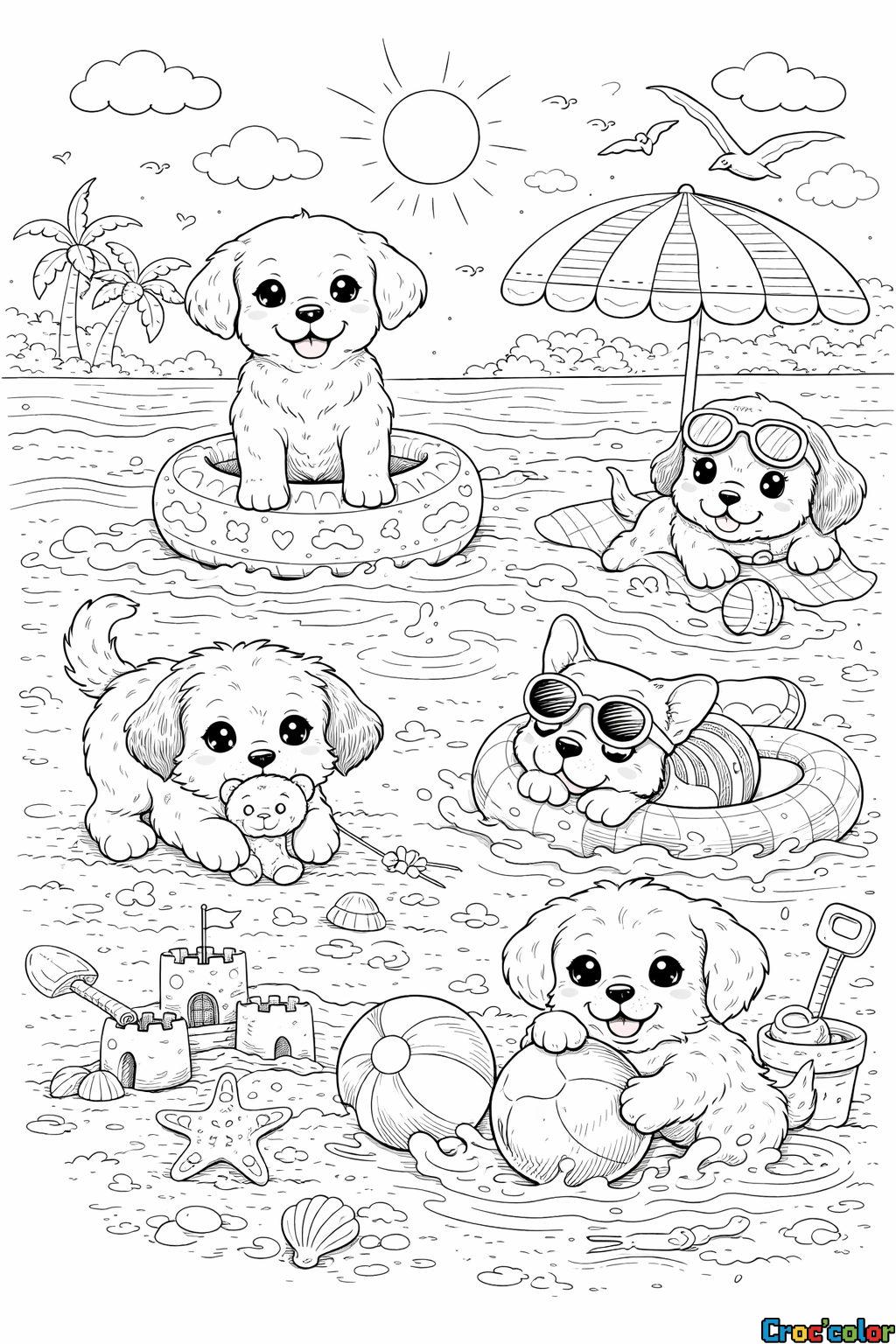 Coloriage Chiots à la Plage : Des Petits Chiens en Vacances à Imprimer