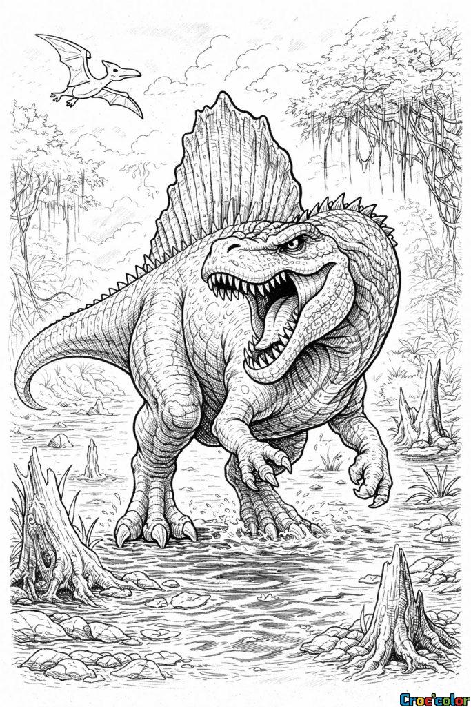 Coloriage Spinosaure : Le Redoutable Prédateur des Marais à Imprimer