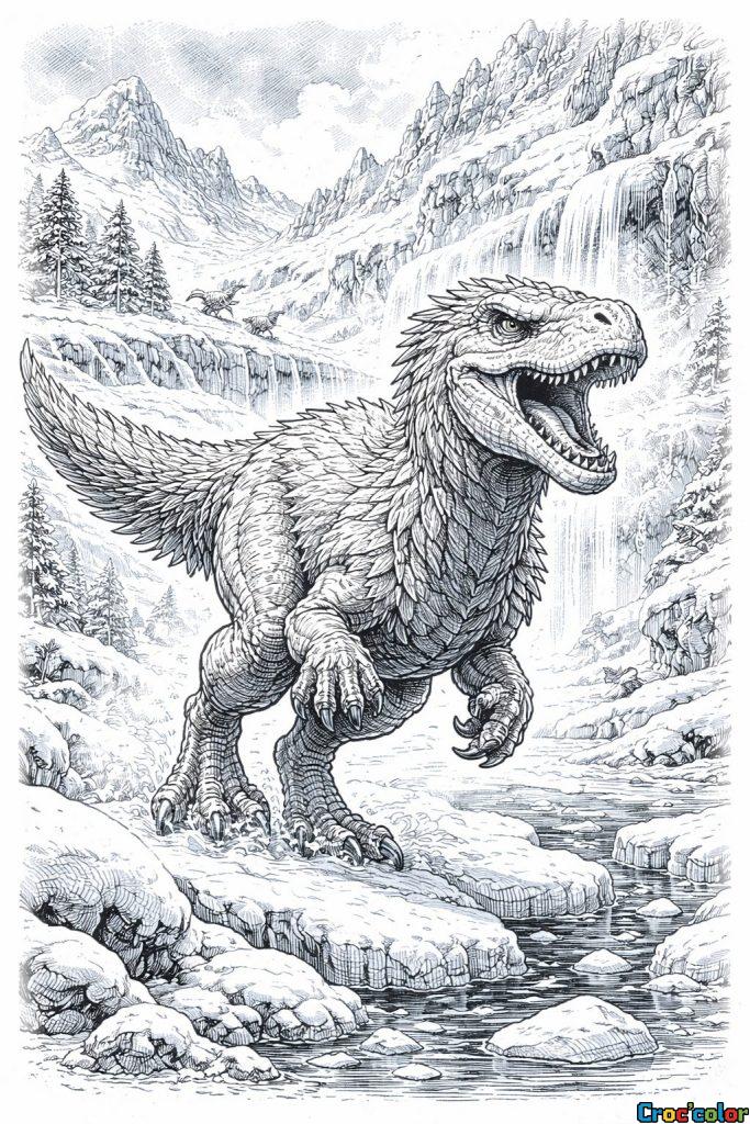 Coloriage T-Rex à Plumes : Le Prédateur Préhistorique dans un Paysage de Glace