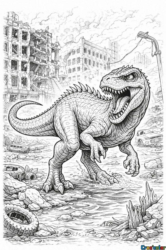 Coloriage Dinosaure : Le T-Rex dans une Ville en Ruines à Imprimer