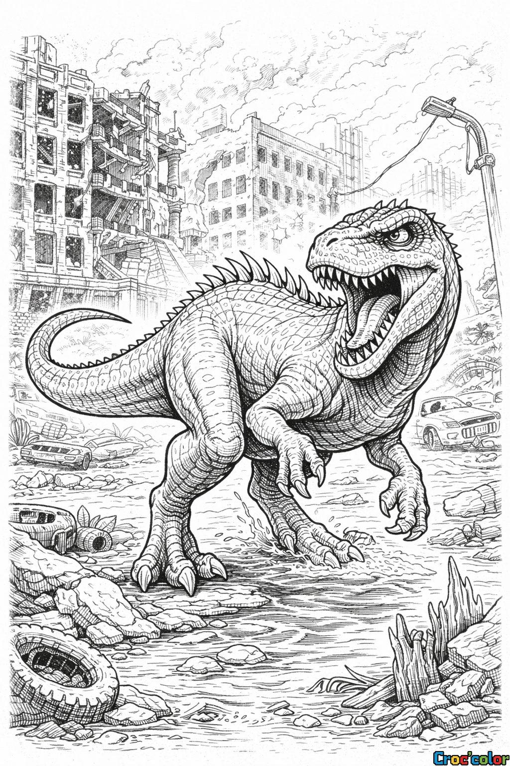 Coloriage Dinosaure : Le T-Rex dans une Ville en Ruines à Imprimer