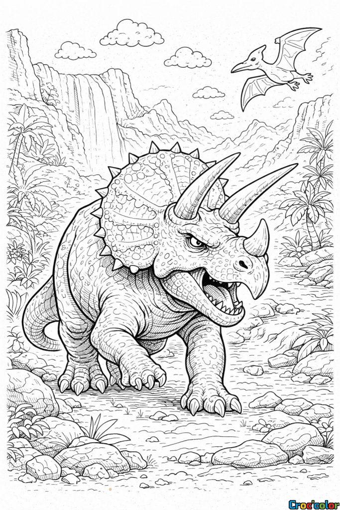 Coloriage Tricératops : Le Géant à Cornes dans sa Jungle Sauvage