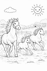 Coloriage Famille de Chevaux au Galop : Une Course Joyeuse à la Ferme