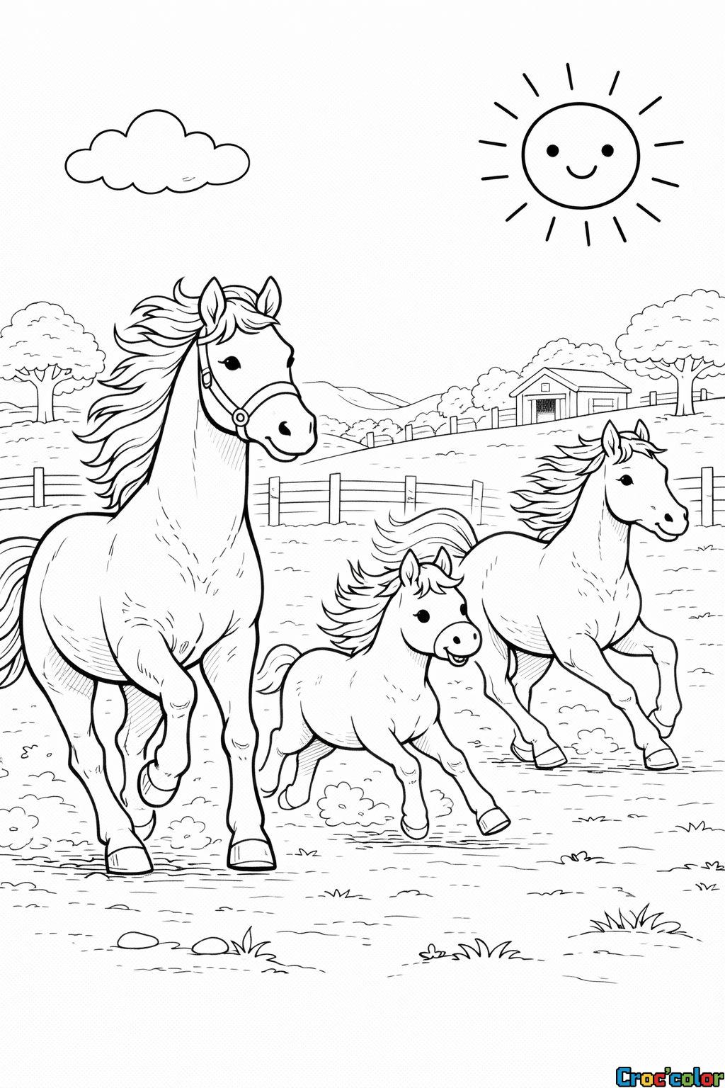 Coloriage Famille de Chevaux au Galop : Une Course Joyeuse à la Ferme
