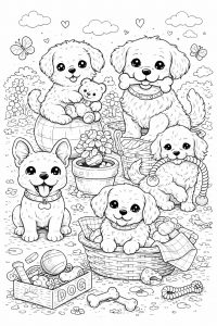 Coloriage Famille de Chiots au Jardin : Une Scène Adorable à Imprimer