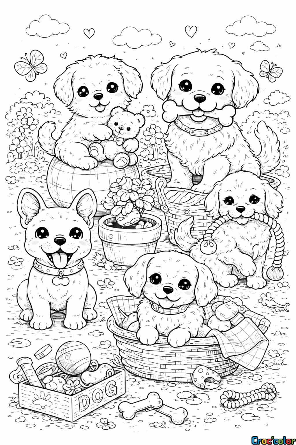 Coloriage Famille de Chiots au Jardin : Une Scène Adorable à Imprimer