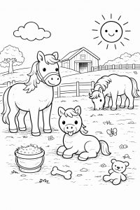 Coloriage Famille de Poneys : Un Moment de Détente à la Ferme à Imprimer