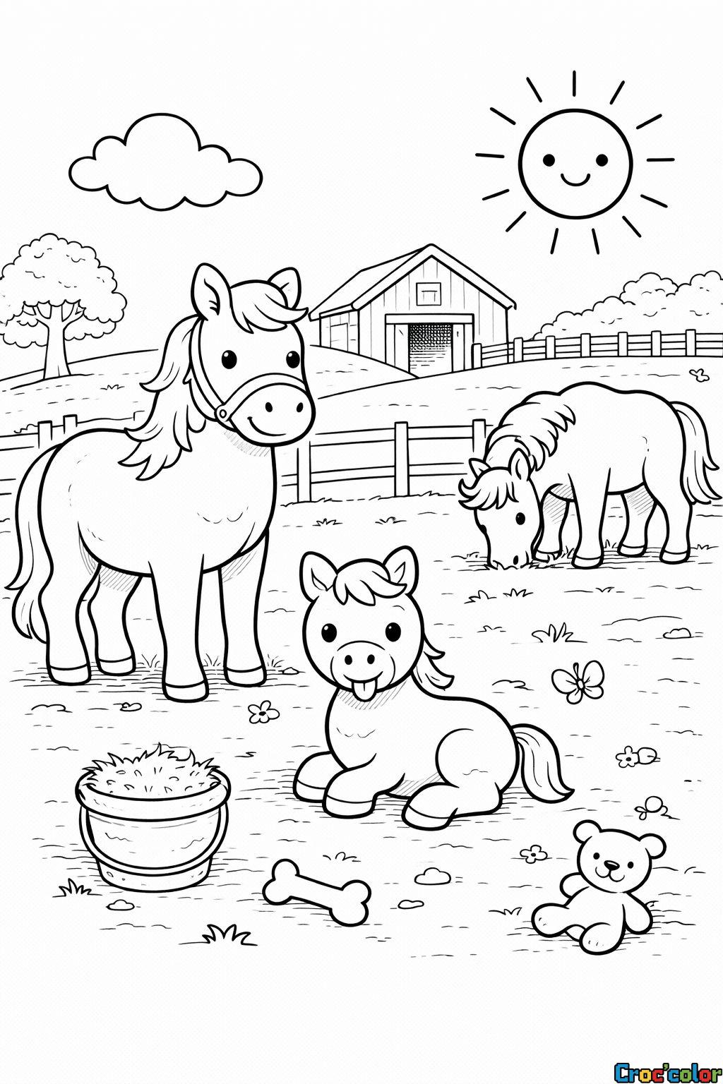 Coloriage Famille de Poneys : Un Moment de Détente à la Ferme à Imprimer