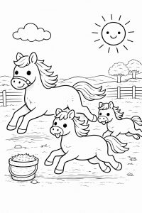 Coloriage Famille de Poneys au Galop : Une Course Joyeuse dans la Prairie