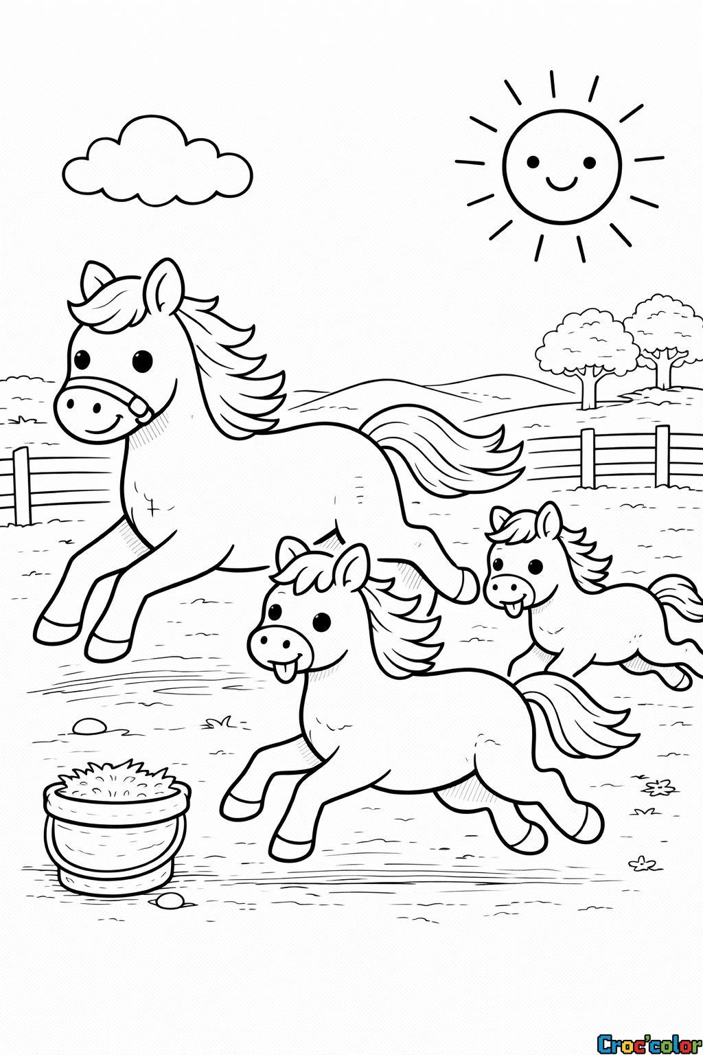 Coloriage Famille de Poneys au Galop : Une Course Joyeuse dans la Prairie