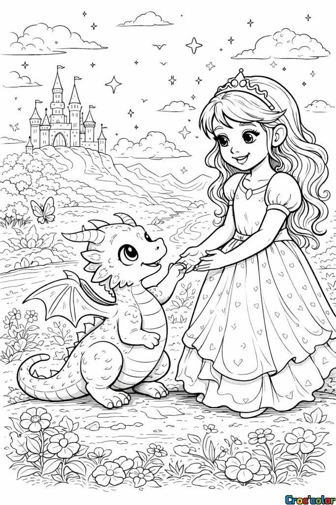 Coloriage Princesse et son Bébé Dragon : Une Amitié Magique à Imprimer