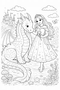 Coloriage Princesse et Dragon : Une Amitié Légendaire à Imprimer