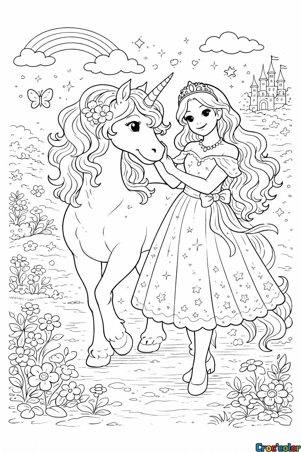 Coloriage Princesse et Licorne : Un Voyage Féerique à Imprimer