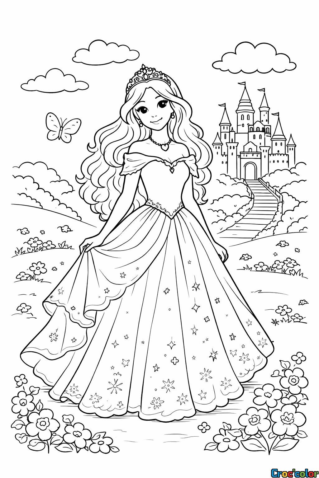Coloriage Princesse : Une Promenade Féerique devant le Château Royal