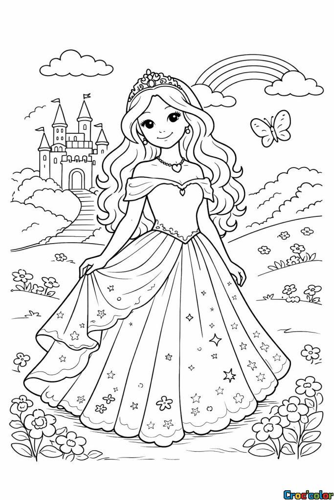 Coloriage Princesse : Une Promenade Royale sous l&rsquo;Arc-en-Ciel