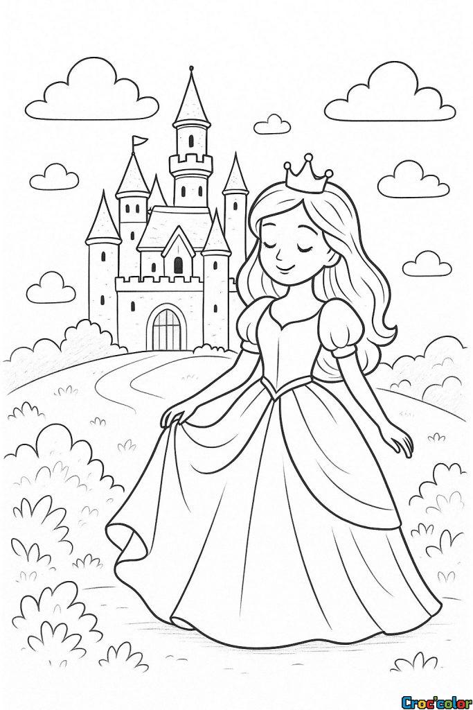 Coloriage Princesse et son Château : Un Monde de Rêve à Imprimer