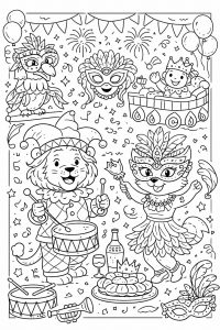 Coloriage Carnaval en Fête : Une Parade Joyeuse d&rsquo;Animaux à Imprimer