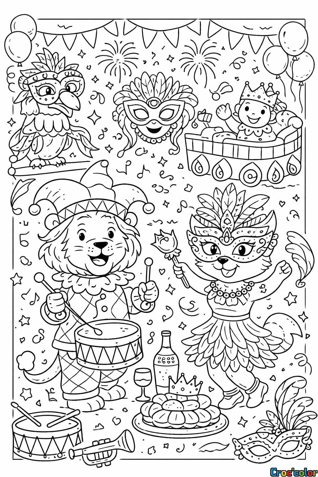 Coloriage Carnaval en Fête : Une Parade Joyeuse d'Animaux à Imprimer