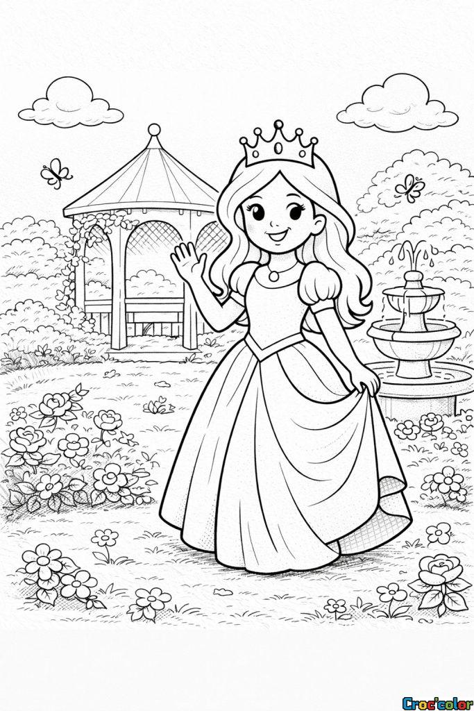 Coloriage Princesse au Jardin Royal : Une Promenade Enchantée à Imprimer