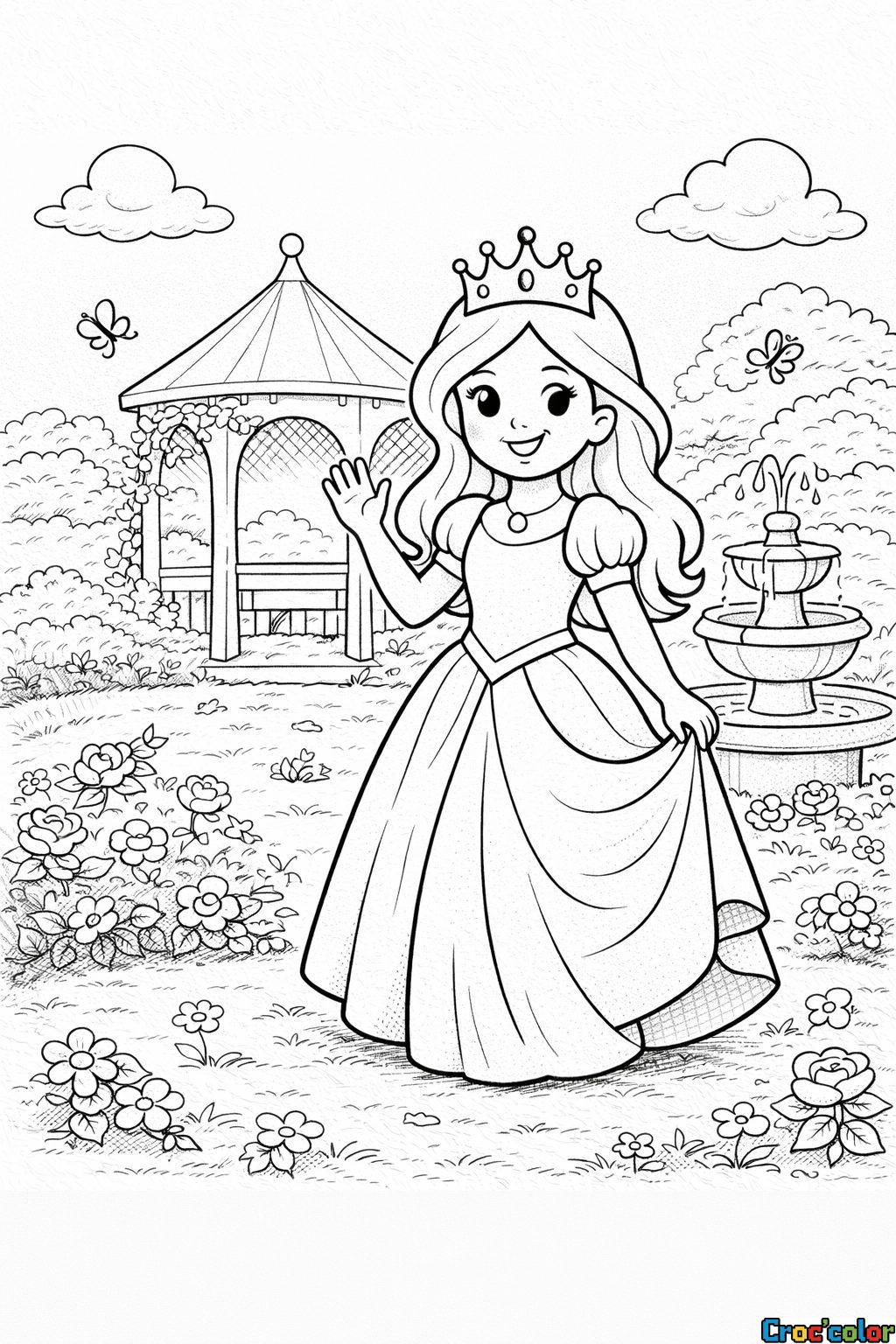 Coloriage Princesse au Jardin Royal : Une Promenade Enchantée à Imprimer