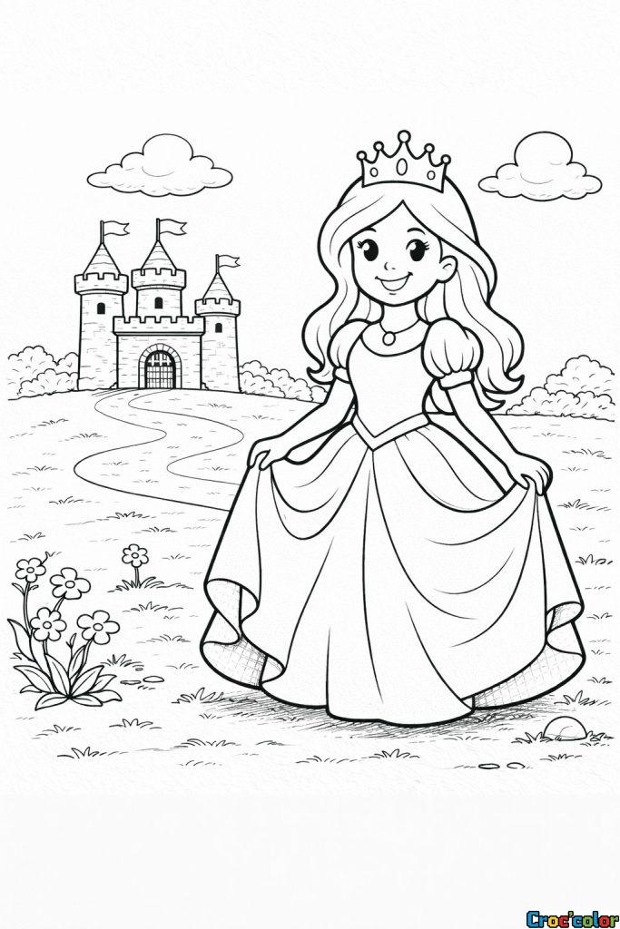 Coloriage Princesse Élégante : Un Voyage Féerique devant son Château à Imprimer
