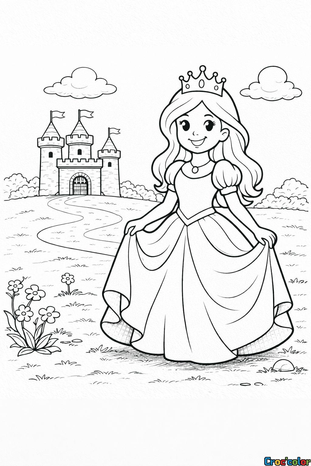 Coloriage Princesse Élégante : Un Voyage Féerique devant son Château à Imprimer