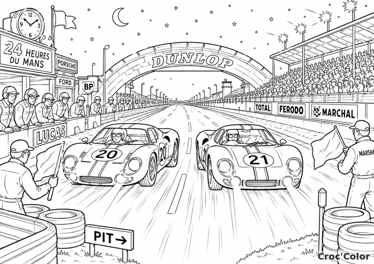 Coloriage 24 Heures du Mans Course de Nuit - Dessin Voitures de Course Vintage, Passerelle Dunlop et Circuit à Imprimer Gratuit