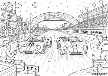 Coloriage 24 Heures du Mans Course de Nuit - Dessin Voitures de Course Vintage, Passerelle Dunlop et Circuit à Imprimer Gratuit