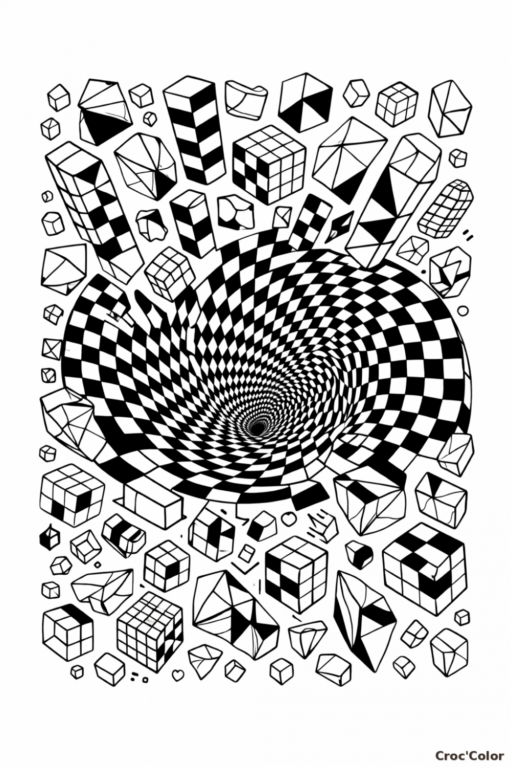Coloriage Abstrait Géométrique et Illusion d'Optique 3D - Dessin Expert à Imprimer