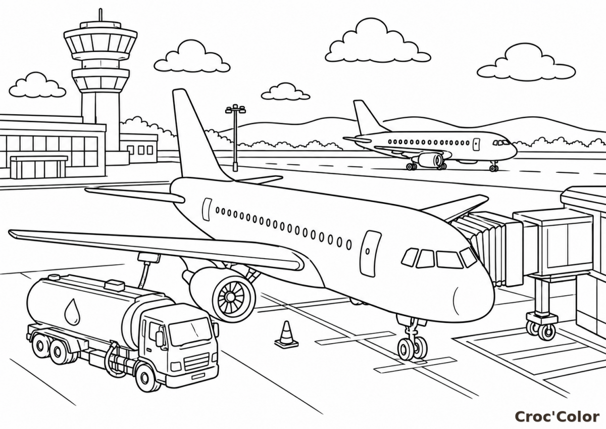 Coloriage Aéroport Facile Maternelle - Dessin Avion de Ligne et Tarmac à Imprimer Gratuit