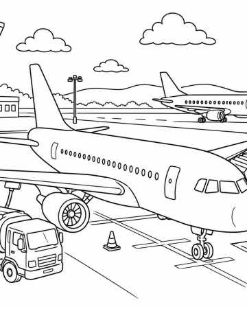 Coloriage Aéroport Facile Maternelle - Dessin Avion de Ligne et Tarmac à Imprimer Gratuit