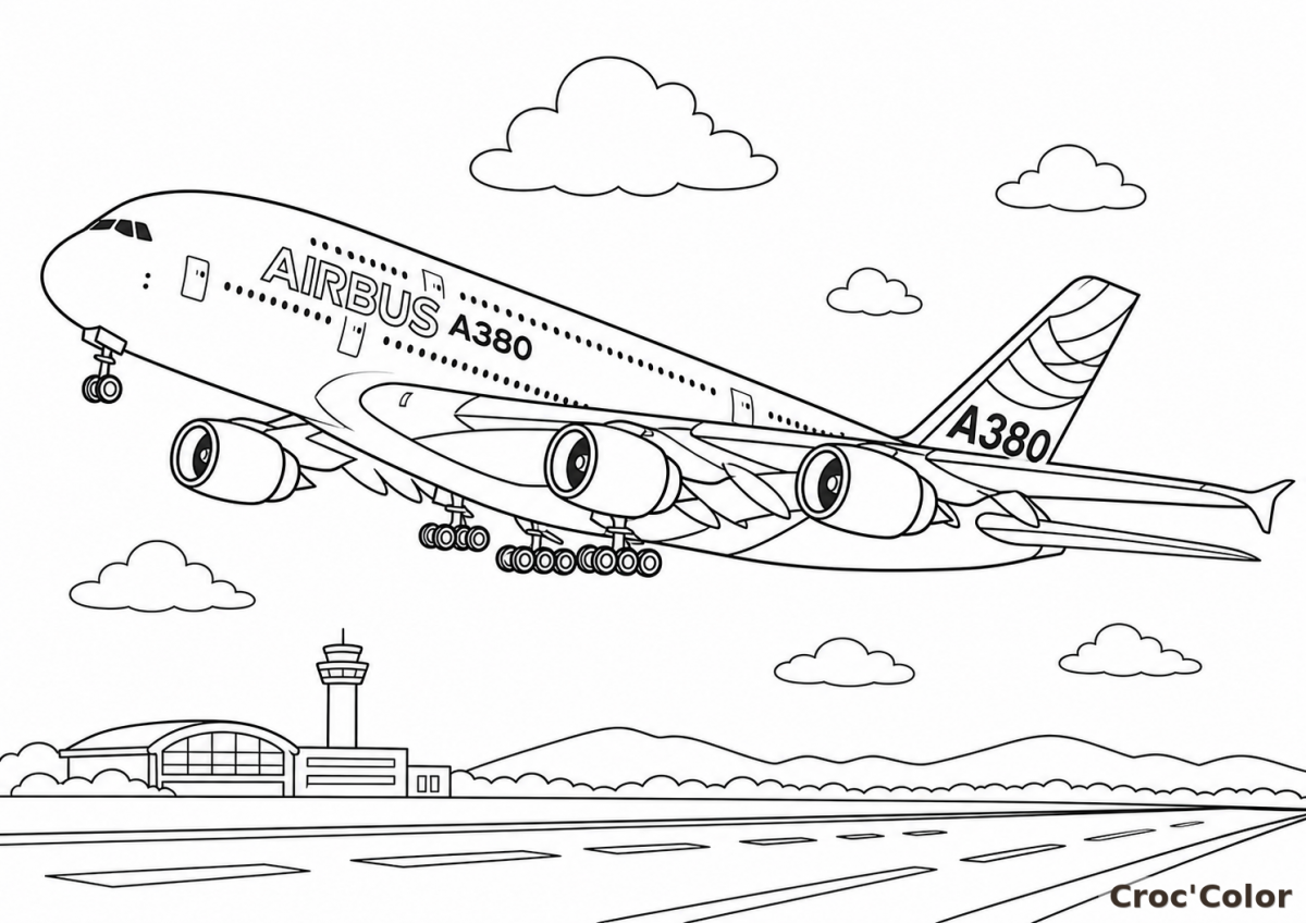 Coloriage Airbus A380 au Décollage - Dessin d'Avion Géant à Imprimer