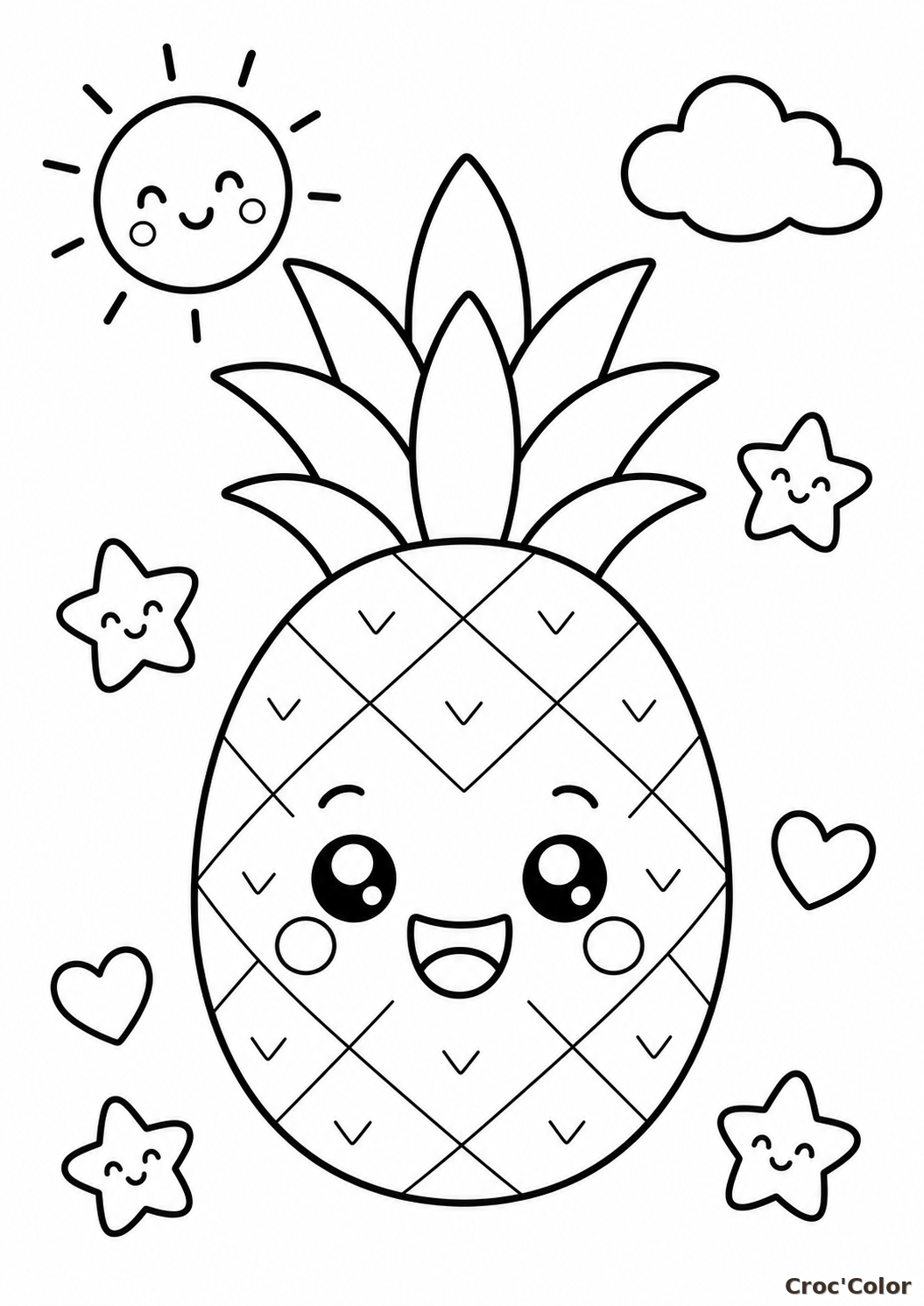 Coloriage Ananas Kawaii Rigolo : Dessin de Fruit Tropical Facile à Imprimer