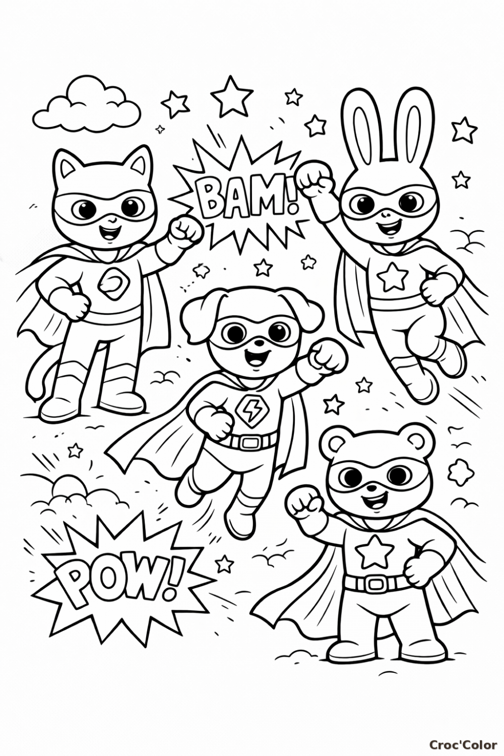 Coloriage Animaux Super-Héros Maternelle - Dessin Équipe Justiciers à Imprimer