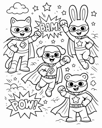 Coloriage Animaux Super-Héros Maternelle - Dessin Équipe Justiciers à Imprimer