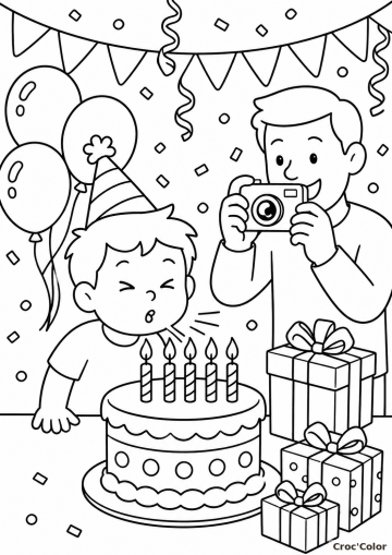 Coloriage Anniversaire Enfant et Gâteau - Dessin Garçon Soufflant ses Bougies, Papa Photo et Cadeaux à Imprimer Gratuit