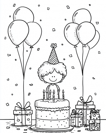 Coloriage Anniversaire Maternelle Facile - Dessin Gâteau Cadeaux et Ballons à Imprimer Gratuit