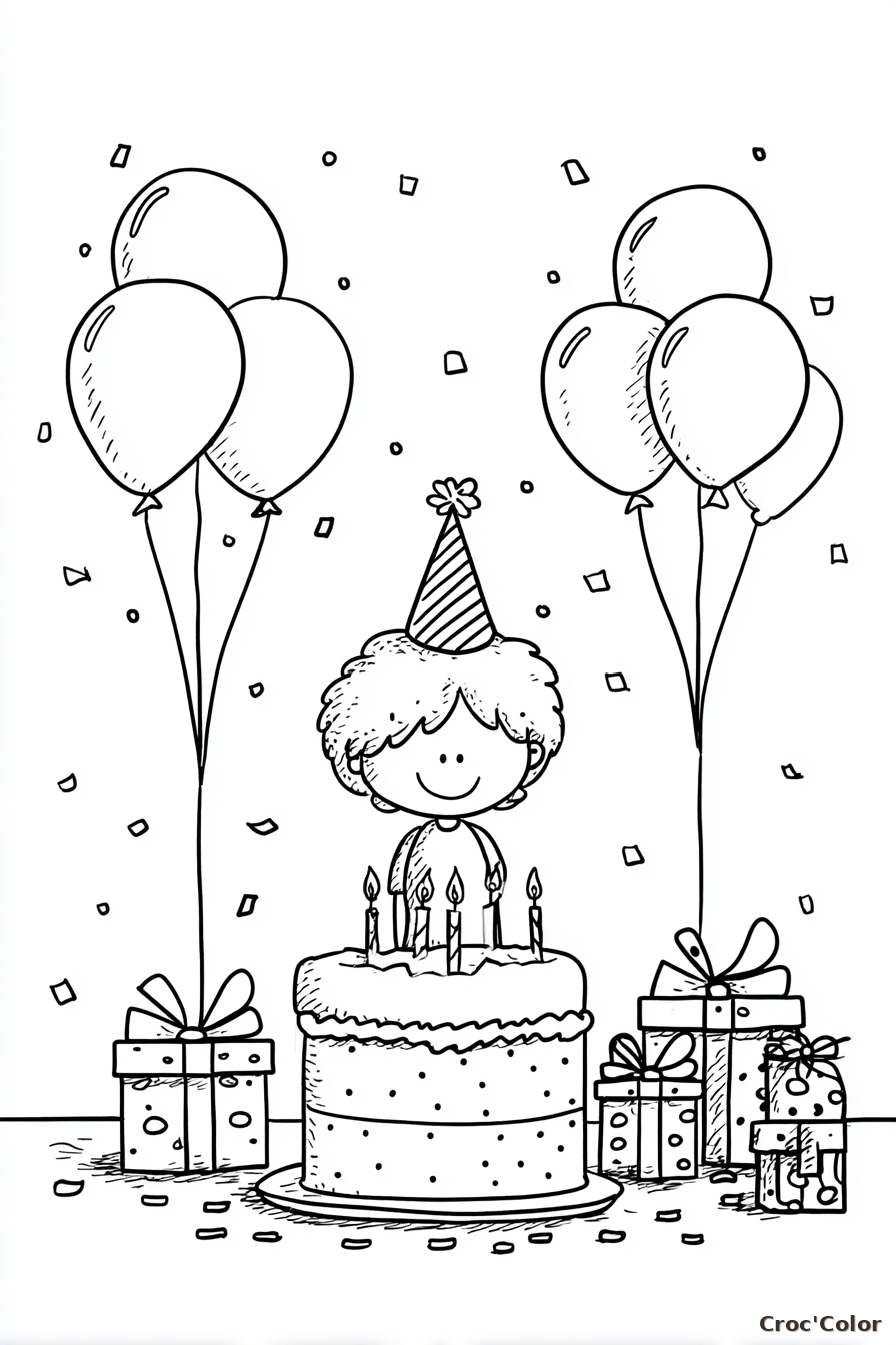 Coloriage Anniversaire Maternelle Facile - Dessin Gâteau Cadeaux et Ballons à Imprimer Gratuit