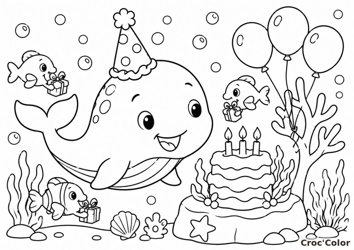 Coloriage Anniversaire de la Petite Baleine - Dessin Fête Sous-Marine Facile à Imprimer Gratuit