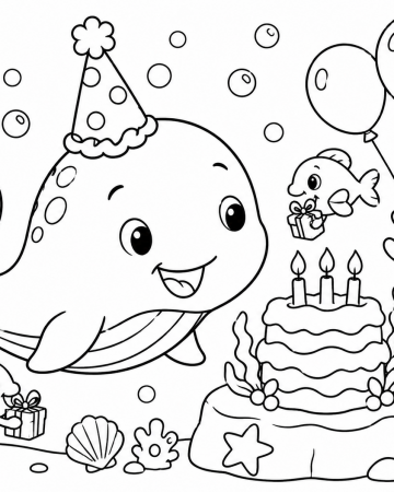 Coloriage Anniversaire de la Petite Baleine - Dessin Fête Sous-Marine Facile à Imprimer Gratuit
