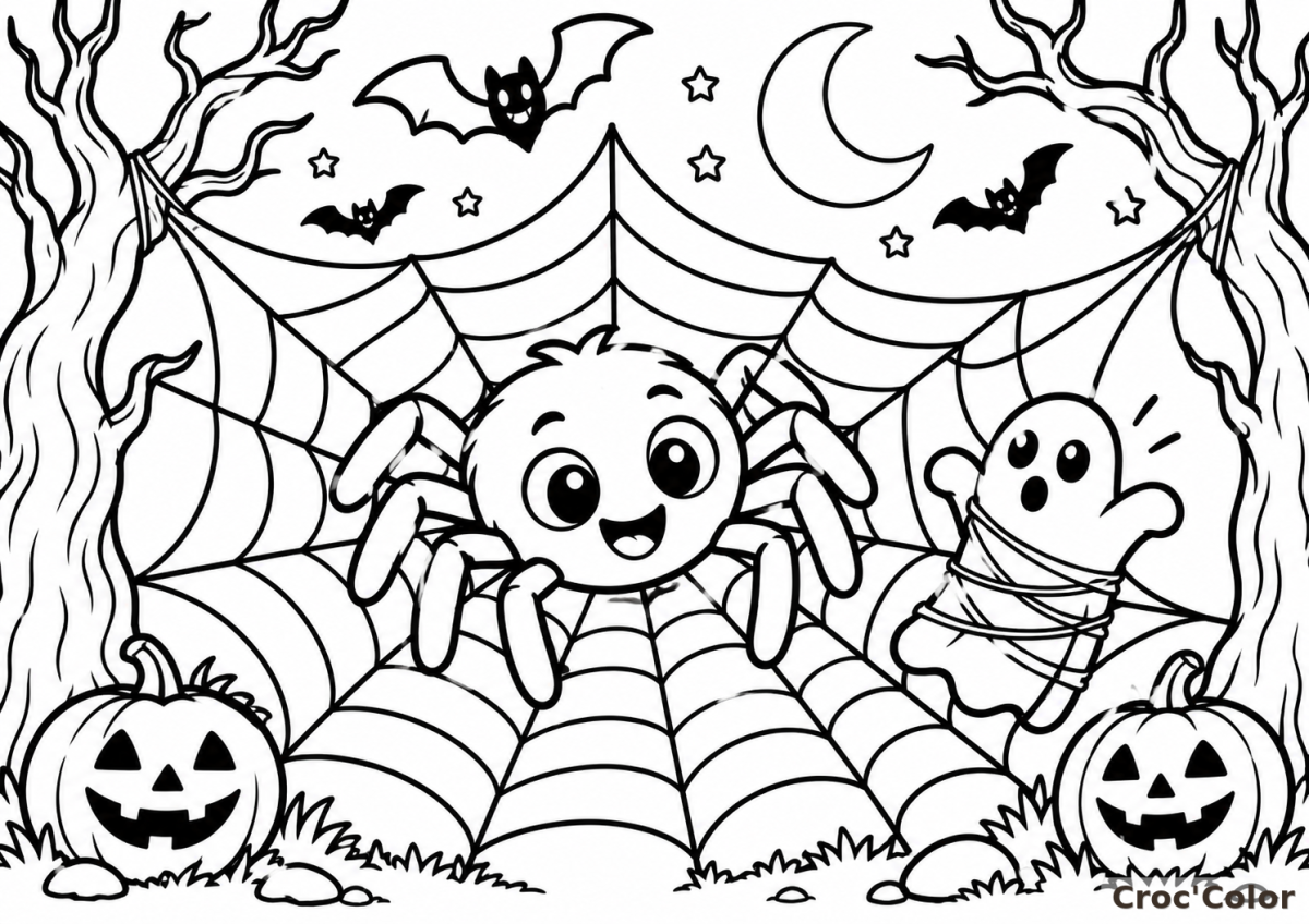 Coloriage Araignée Géante et Toile d'Halloween Facile - Dessin Petite Araignée Mignonne, Fantôme et Citrouilles à Imprimer Gratuit