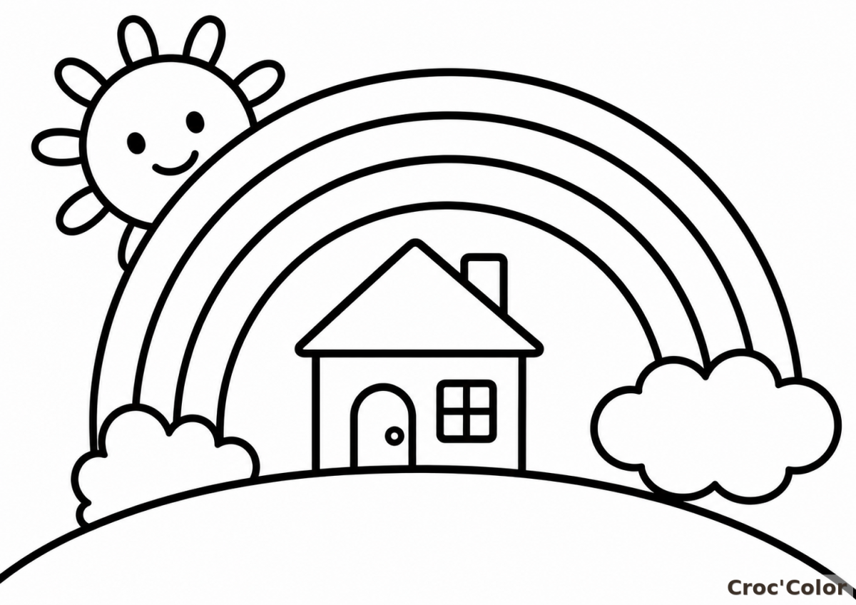 Coloriage Arc-en-ciel et Petite Maison Facile - Dessin Paysage Simple pour Bébé et Maternelle à Imprimer Gratuit