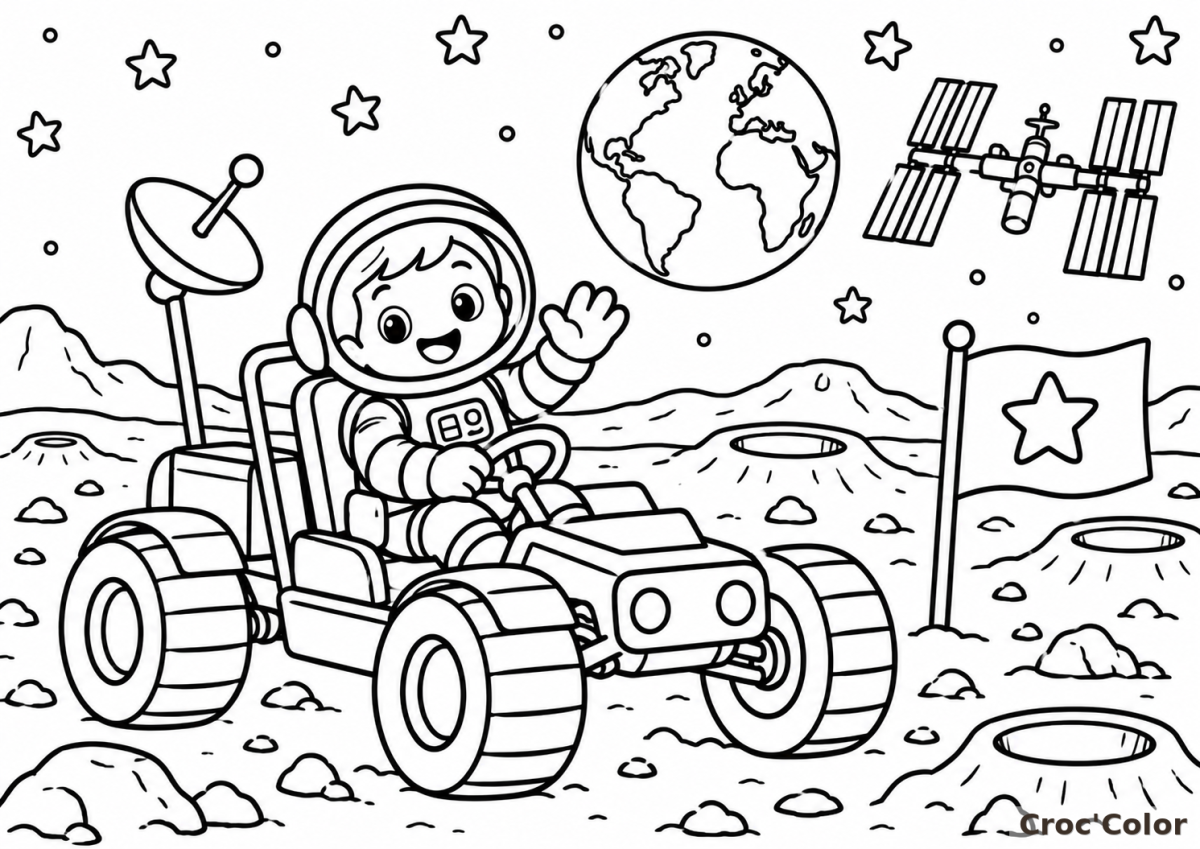 Coloriage Astronaute Buggy Lunaire Facile - Dessin Rover Spatiale, Terre, Station ISS et Drapeau à Imprimer Gratuit