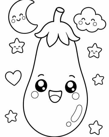 Coloriage Aubergine Kawaii Rigolote - Dessin de Légume Facile à Imprimer
