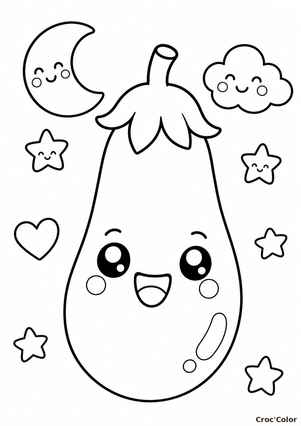 Coloriage Aubergine Kawaii Rigolote - Dessin de Légume Facile à Imprimer