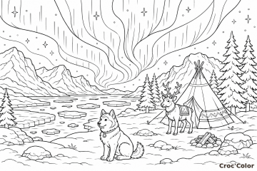 Coloriage Aurore Boréale Grand Nord - Dessin Chien Husky, Renne et Tipi dans la Neige à Imprimer Gratuit