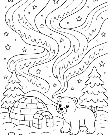 Coloriage aurore boréale facile - paysage polaire à imprimer